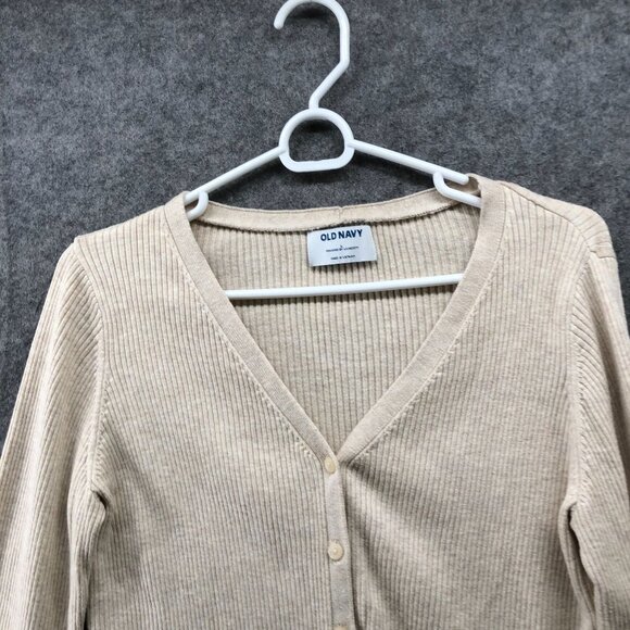 Old Navy Ribbed Cardigan Womens L Beige Cropped V-Neck Button Front Stretch - Picture 3 of 8